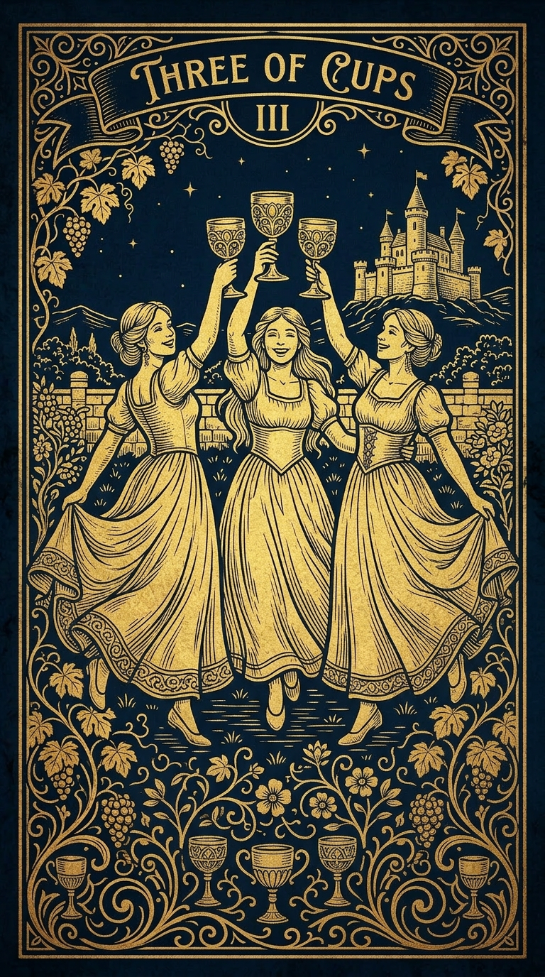 The Three of Cups: Sacred Sisterhood of Golden Radiance